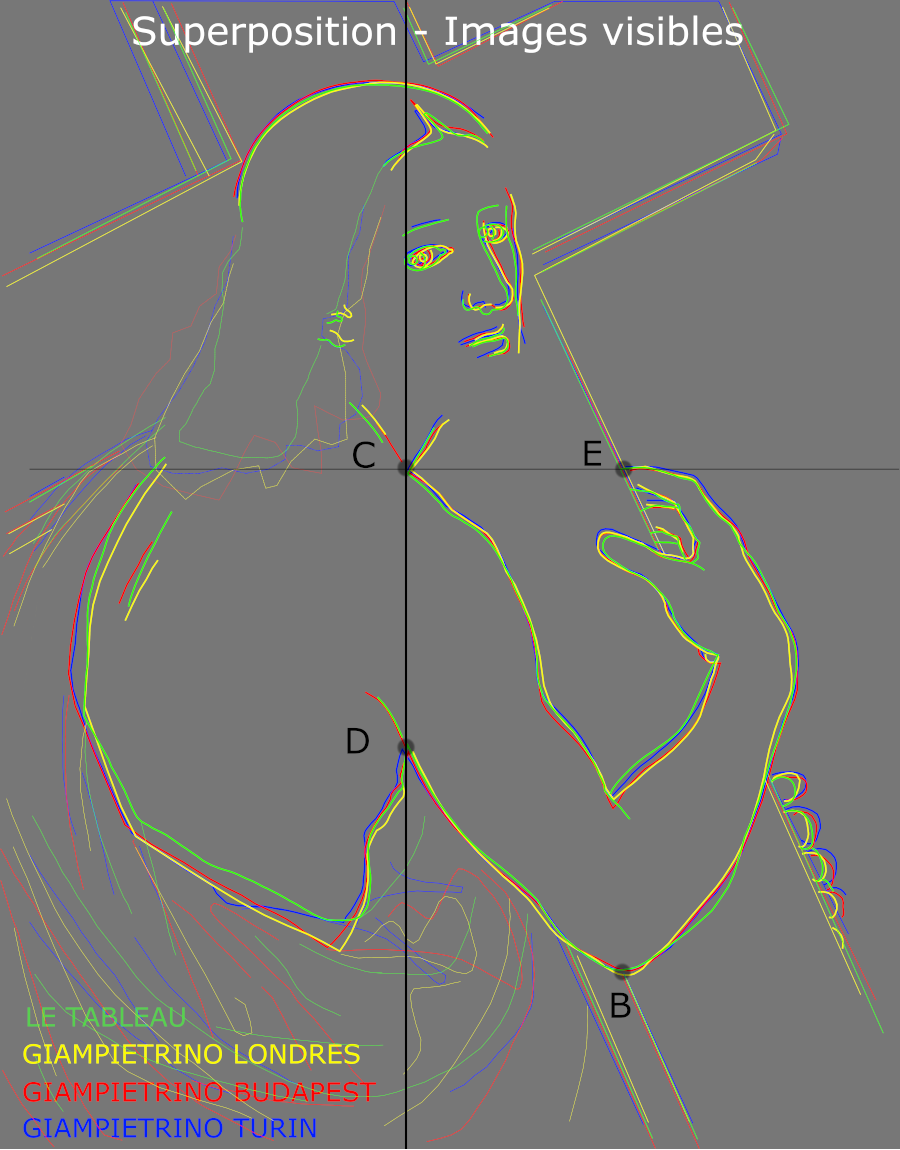 Visible-light superimposition of the painting under study and the London, Budapest and Turin versions by Giampietrino