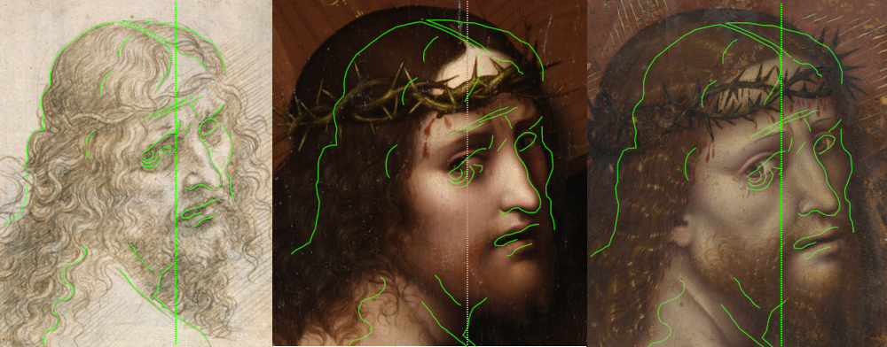 Comparison of guiding lines: Venice drawing in original orientation, Giampietrino and the painting reversed