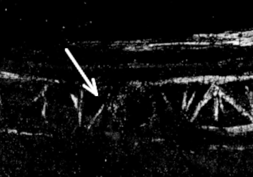 LAM 1145 image (2021) revealing the upper part of the left chevron beneath the yellow paint layer containing lead-tin yellow.