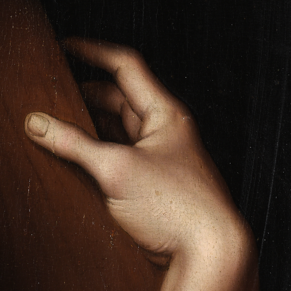 Close-up of Christ’s right hand gripping the wooden cross in Giampietrino’s Budapest version of Christ Carrying the Cross.