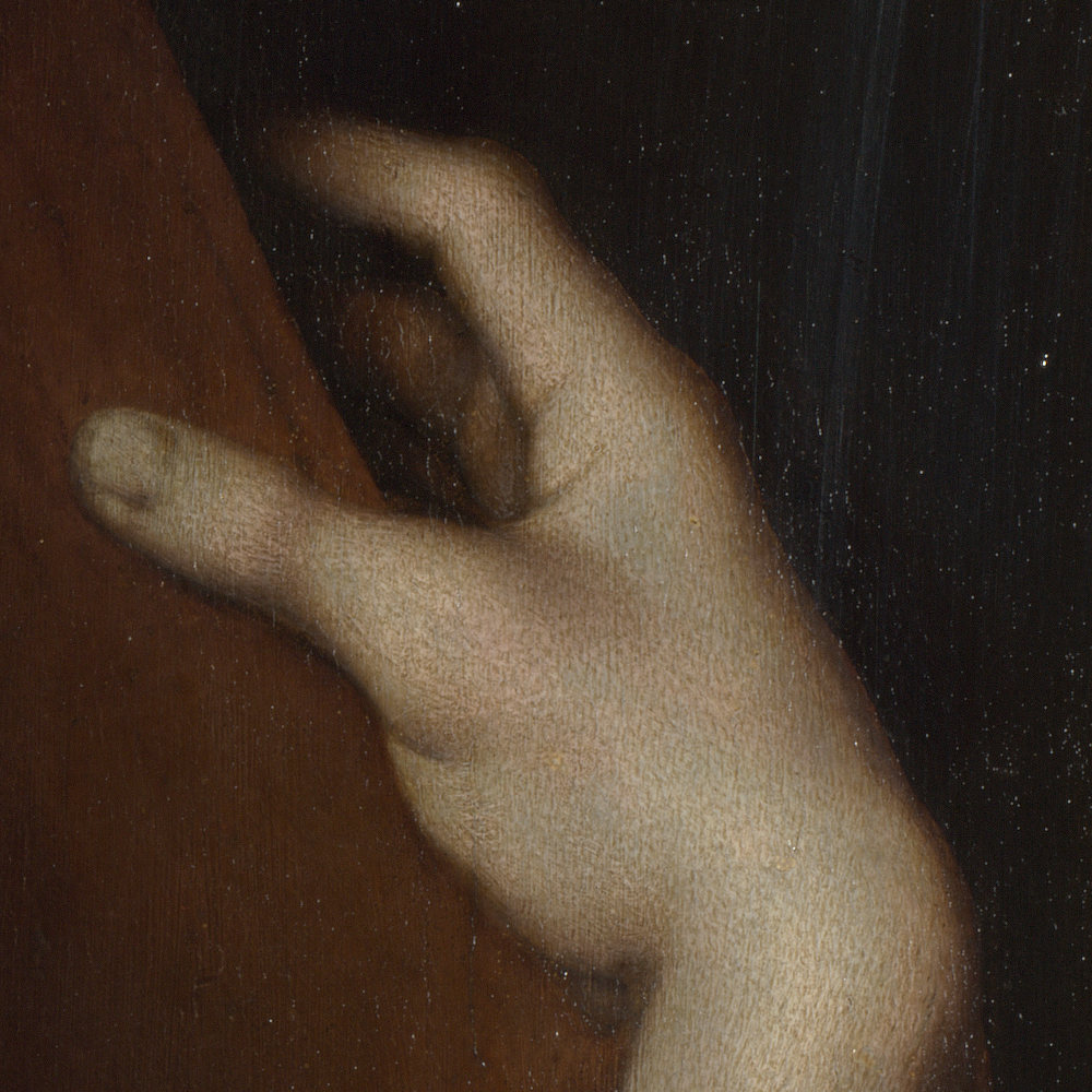 Close-up of Christ’s right hand gripping the wooden cross in Giampietrino’s London version of Christ Carrying the Cross.