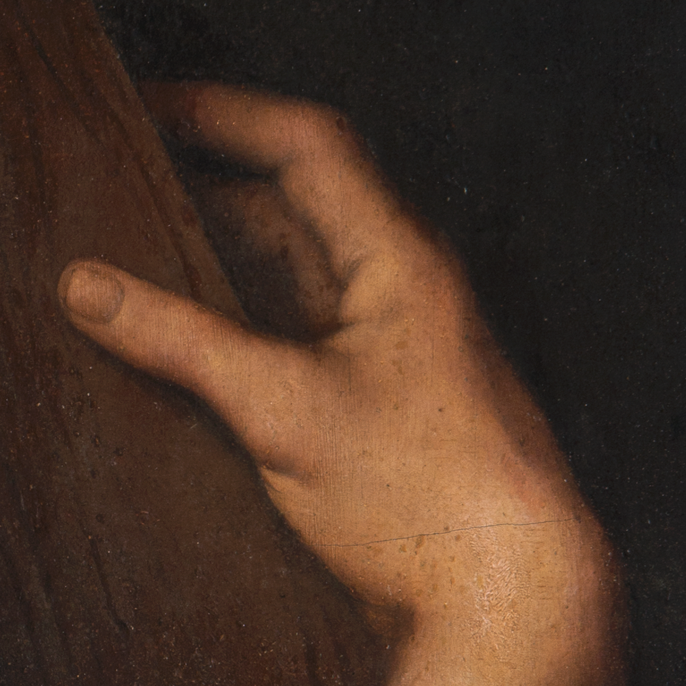 Close-up of Christ’s right hand gripping the wooden cross in Giampietrino’s Turin version of Christ Carrying the Cross.