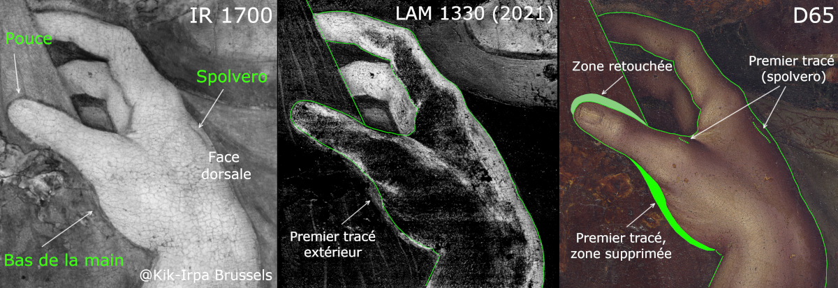 Three views of Christ’s right hand: infrared, LAM and visible light, annotated to show the thumb correction, the earlier lower contour and spolvero marks on the back of the hand.