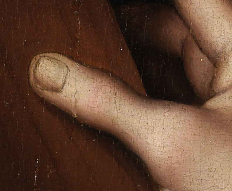 Close-up of Christ’s thumb gripping the cross in Giampietrino’s Budapest version of Christ Carrying the Cross.