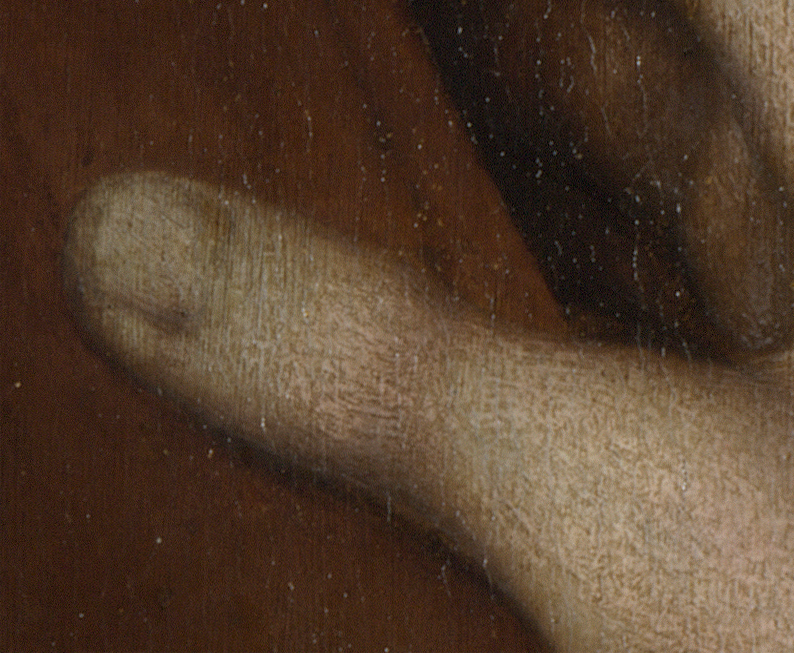 Close-up of Christ’s thumb gripping the cross in Giampietrino’s London version of Christ Carrying the Cross.