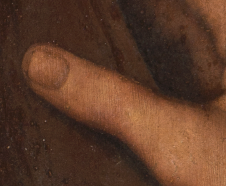Close-up of Christ’s thumb gripping the cross in Giampietrino’s Turin version of Christ Carrying the Cross.