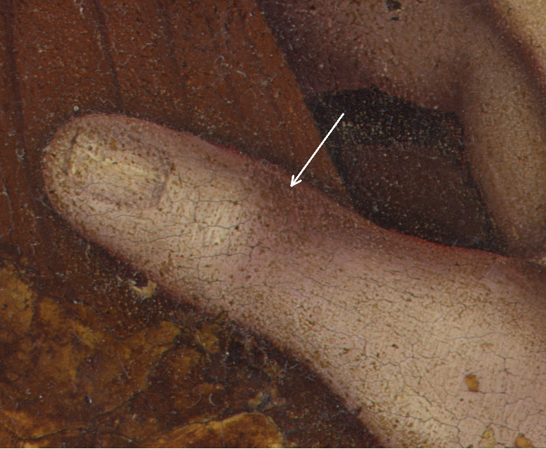 Close-up of Christ’s thumb, with a white arrow pointing to its cast shadow.