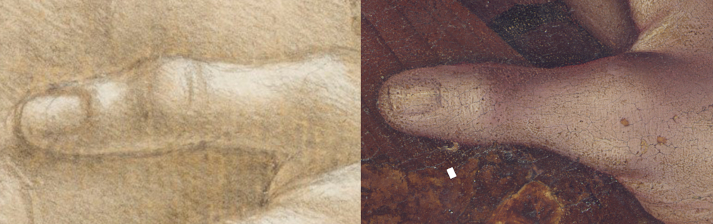 Side-by-side details of the thumb in Leonardo da Vinci’s hand study, RCIN 912558 (left), and Christ Carrying the Cross (right), showing similarly elongated nails.