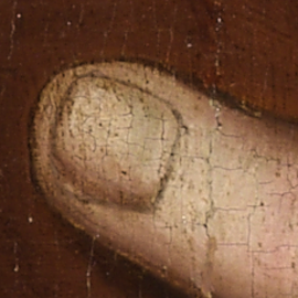 Close-up of the thumbnail on Christ’s thumb in Giampietrino’s Budapest version of Christ Carrying the Cross.