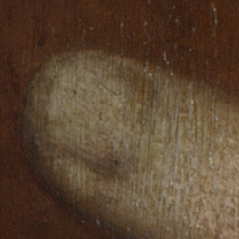 Close-up of the thumbnail on Christ’s thumb in Giampietrino’s London version of Christ Carrying the Cross.