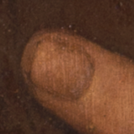 Close-up of the thumbnail on Christ’s thumb in Giampietrino’s Turin version of Christ Carrying the Cross.