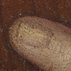 Close-up of the thumbnail on Christ’s thumb in the painting under study.