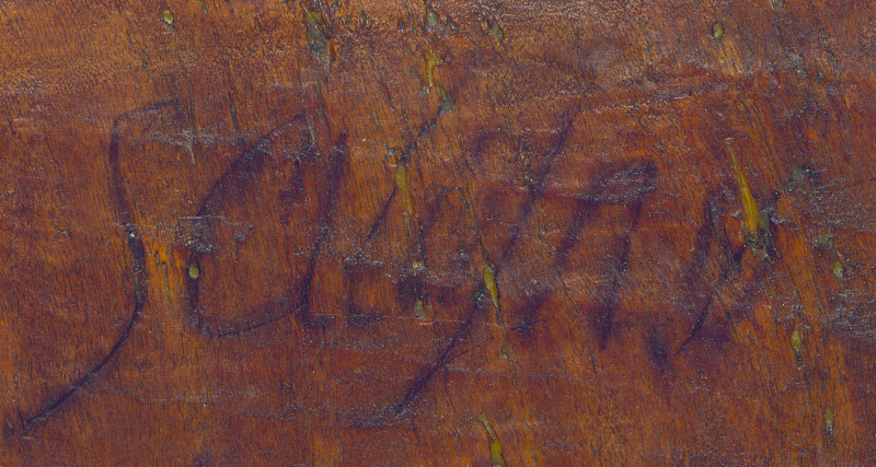 Detail of the “Salajno” inscription on the reverse of the panel, with slightly enhanced colour saturation.